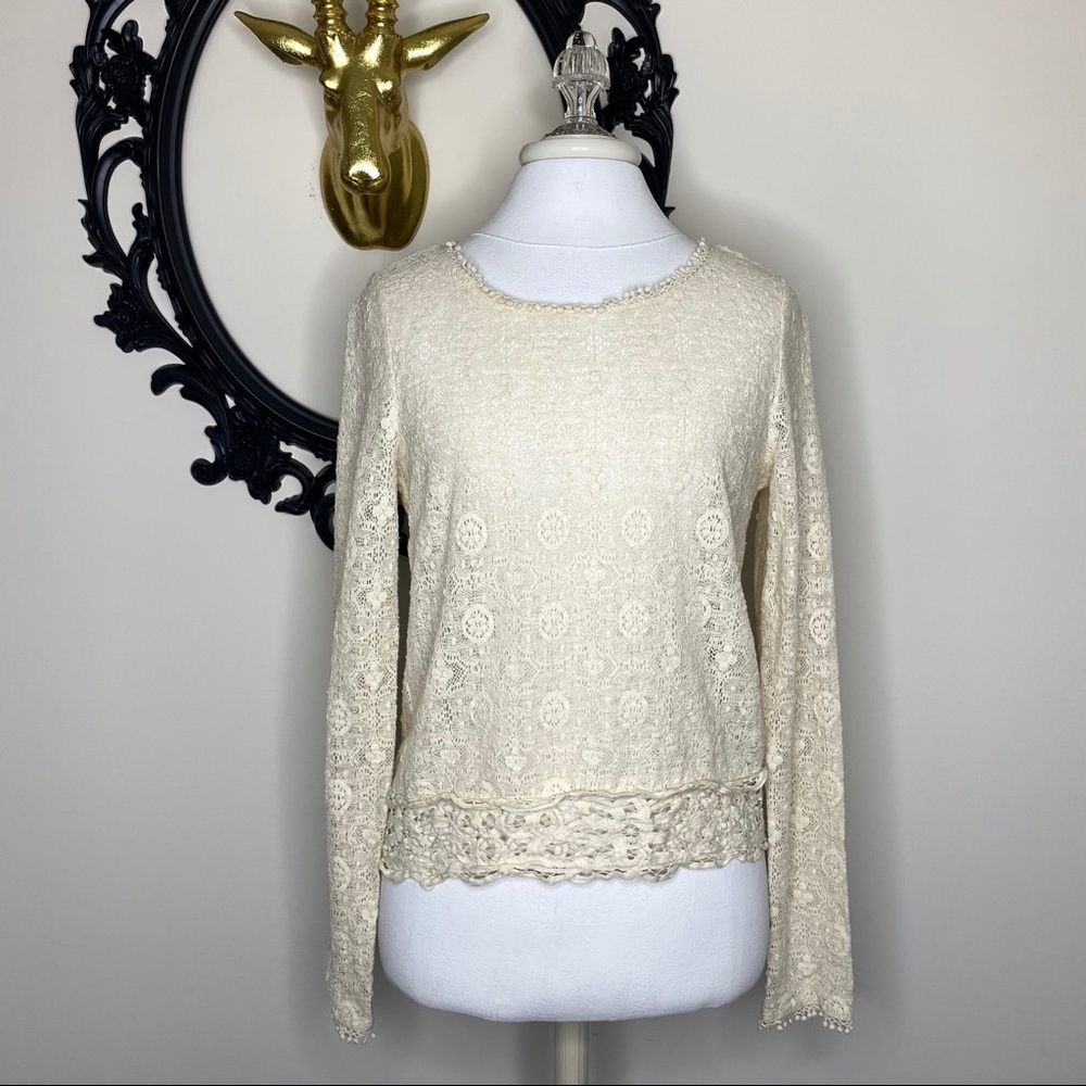 Others Follow Cream Crochet Long Sleeve Top with Ties